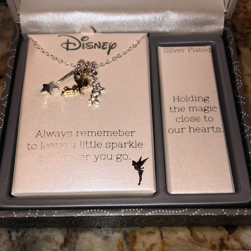 Kid’s Disney Tinker Bell necklace, silver plated in box.